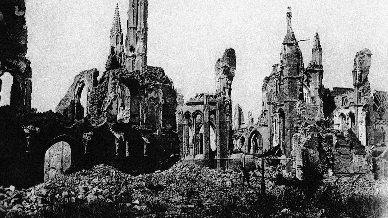 The cathedral in the town square of Ypres, Belgium, in ruins after the bombing during World War I. (AP)
