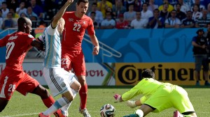Switzerland's goalkeeper Diego Benaglio makes a save against Argentina's Rodrigo Palacio during the World Cup Round of 16 match in Sao Paulo, Tuesday, July 1, 2014.