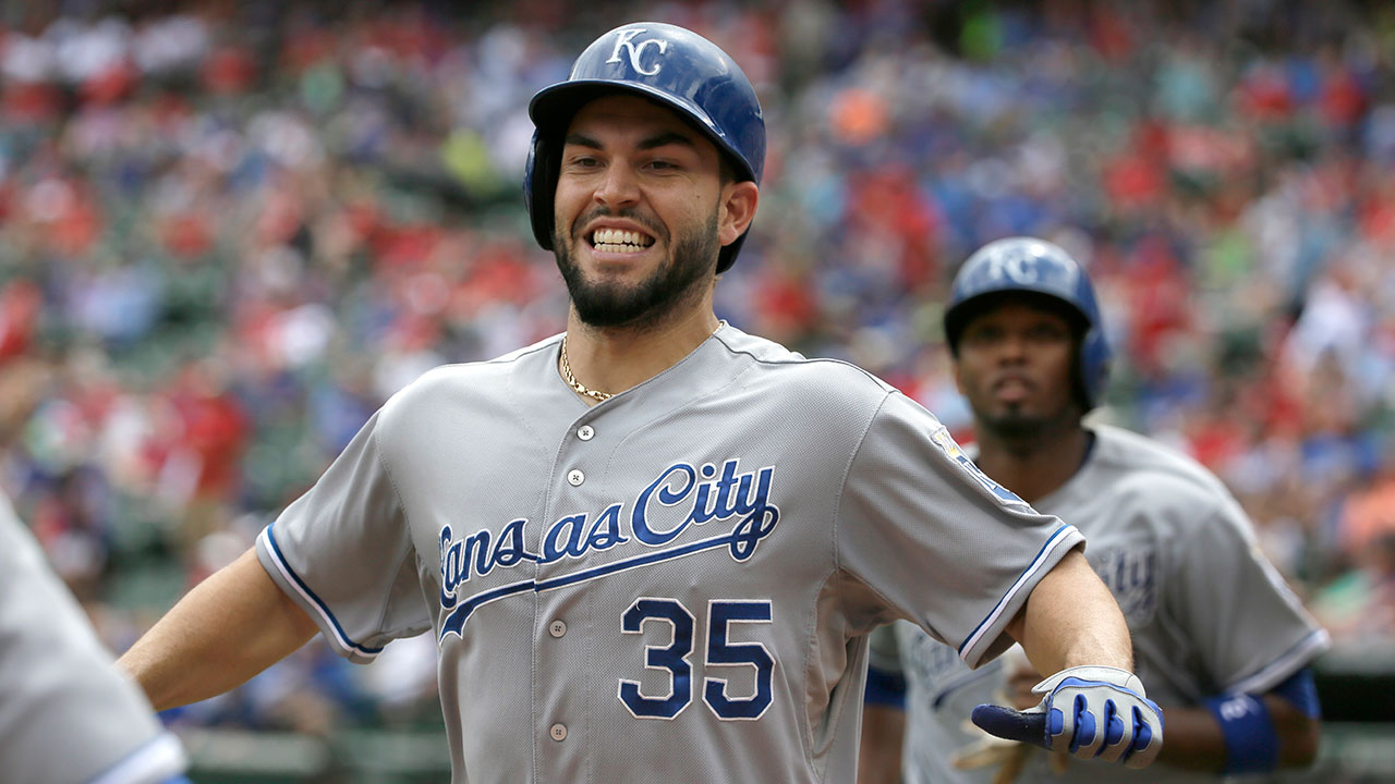 Kansas City Royals Eric Hosmer heads to the dugout after hitting a two run homer during the sixth inning of a baseball game against the Texas Rangers. (LM Otero/AP)
