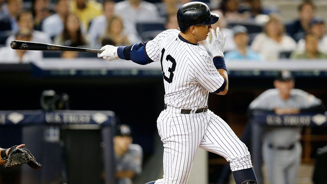 New York Yankees designated hitter Alex Rodriguez follows through on his 2,999th career hit. (Kathy Willens/AP)