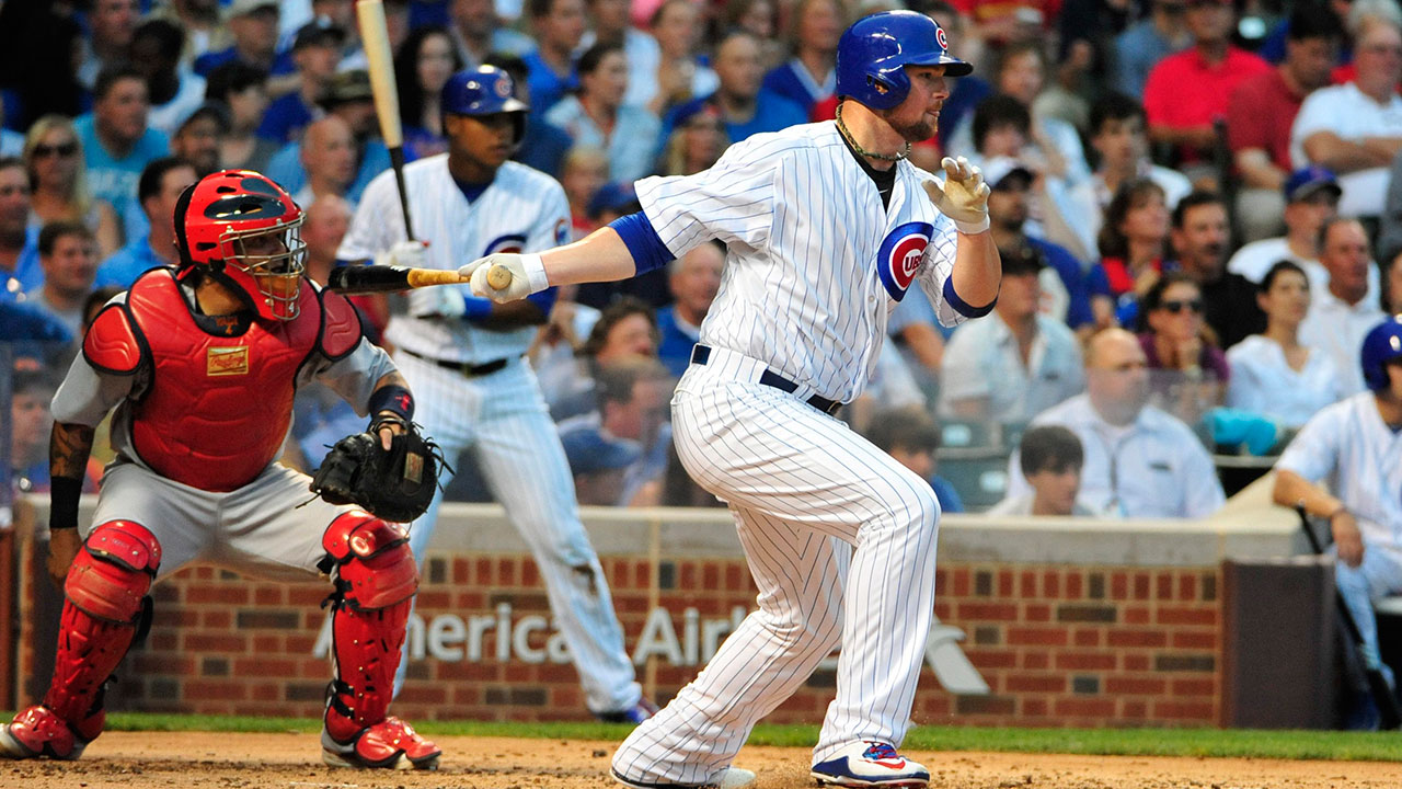 Chicago Cubs Jon Lester gets his first MLB base hit against the St. Louis Cardinals during the second inning of a baseball game, Monday, July 6, 2015, in Chicago. (David Banks/AP)