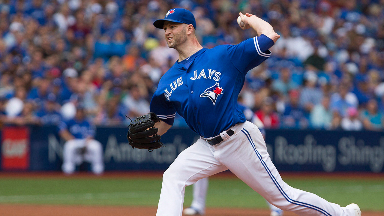 Toronto Blue Jays starting pitcher J.A. Happ delivers a pitch during second inning. (Peter Power/CP)