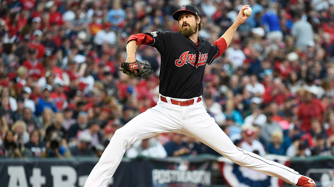 Cleveland Indians relief pitcher Andrew Miller (24) pitches against the Toronto Blue Jays during seventh inning, game two American League Championship Series baseball action in Cleveland on Saturday, October 15, 2016. (Nathan Denette/CP)