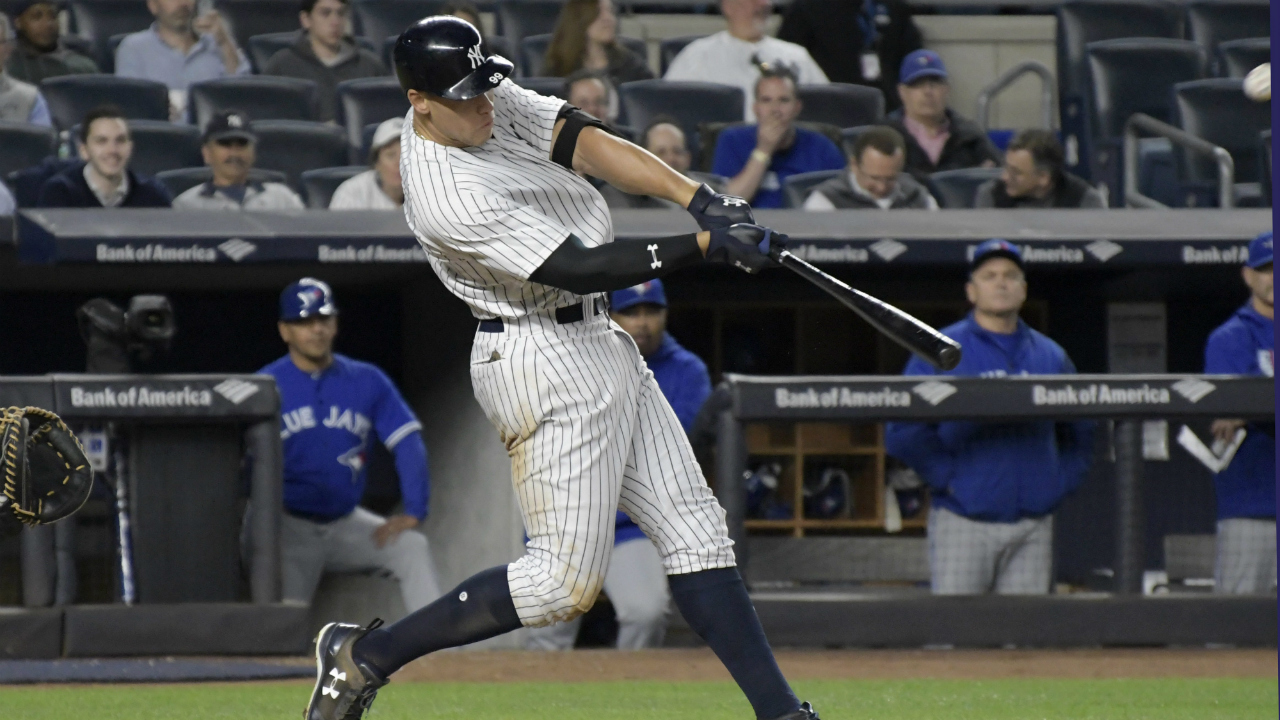 New York Yankees' Aaron Judge hits a two-run home run during the third inning of the team's baseball game against the Toronto Blue Jays on Wednesday, May 3, 2017, at Yankee Stadium in New York. (Bill Kostroun/AP)