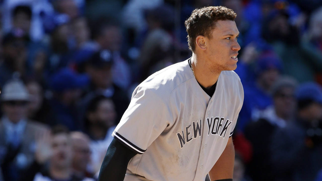 New York Yankees' Aaron Judge reacts after being called out on strikes during the eighth inning of an interleague baseball game against the Chicago Cubs, Friday, May 5, 2017, in Chicago. (Nam Y. Huh/AP)