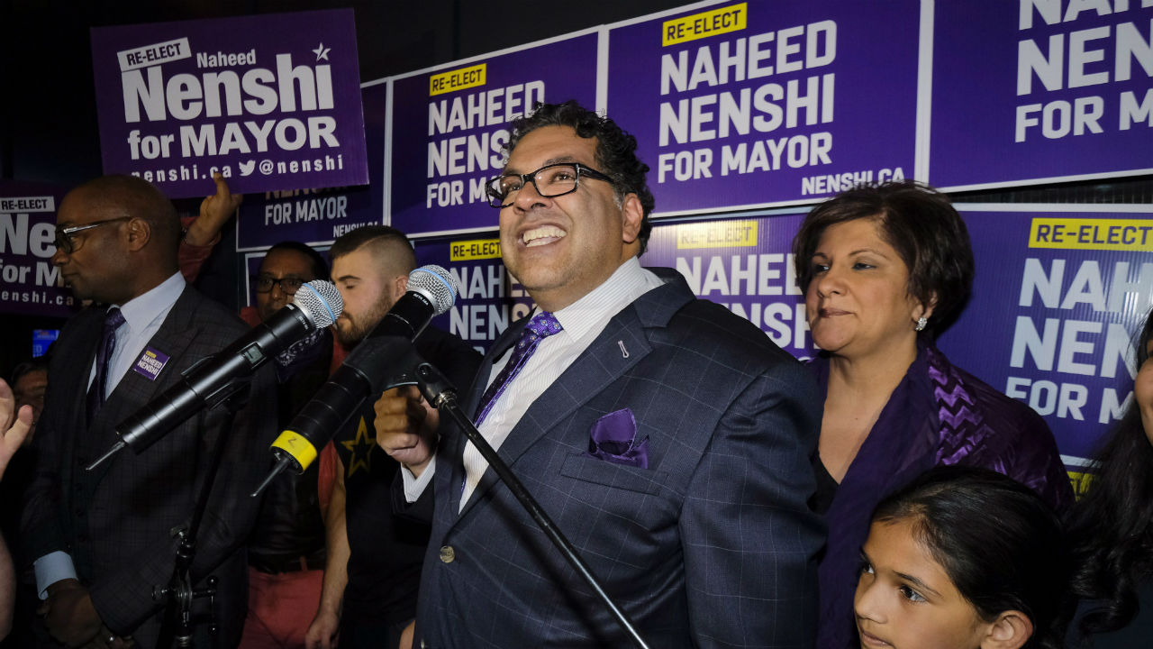 Naheed Nenshi celebrates his victory as Calgary's mayor following municipal elections in Calgary, Alta., early Tuesday, Oct. 17, 2017. (Jeff McIntosh/CP)