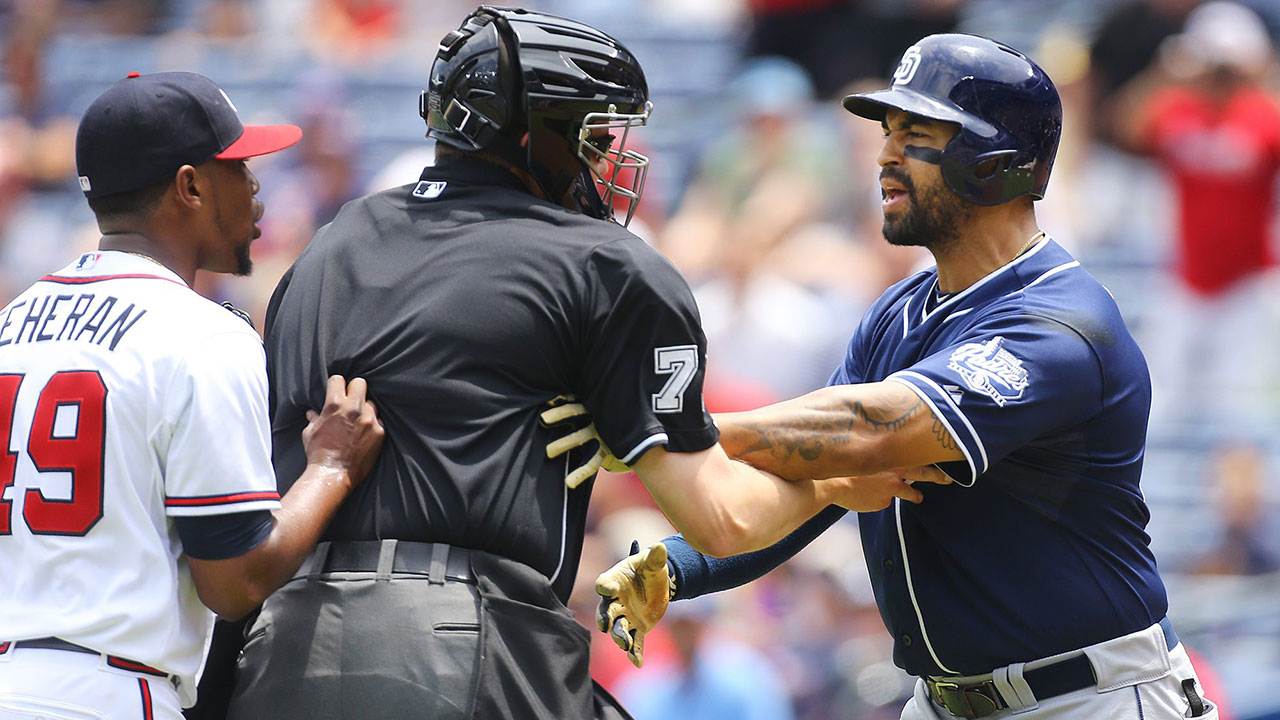 The San Diego Padres and Atlanta Braves cleared their benches after the Padres' Matt Kemp was hit by a pitch. (Curtis Compton/AP)