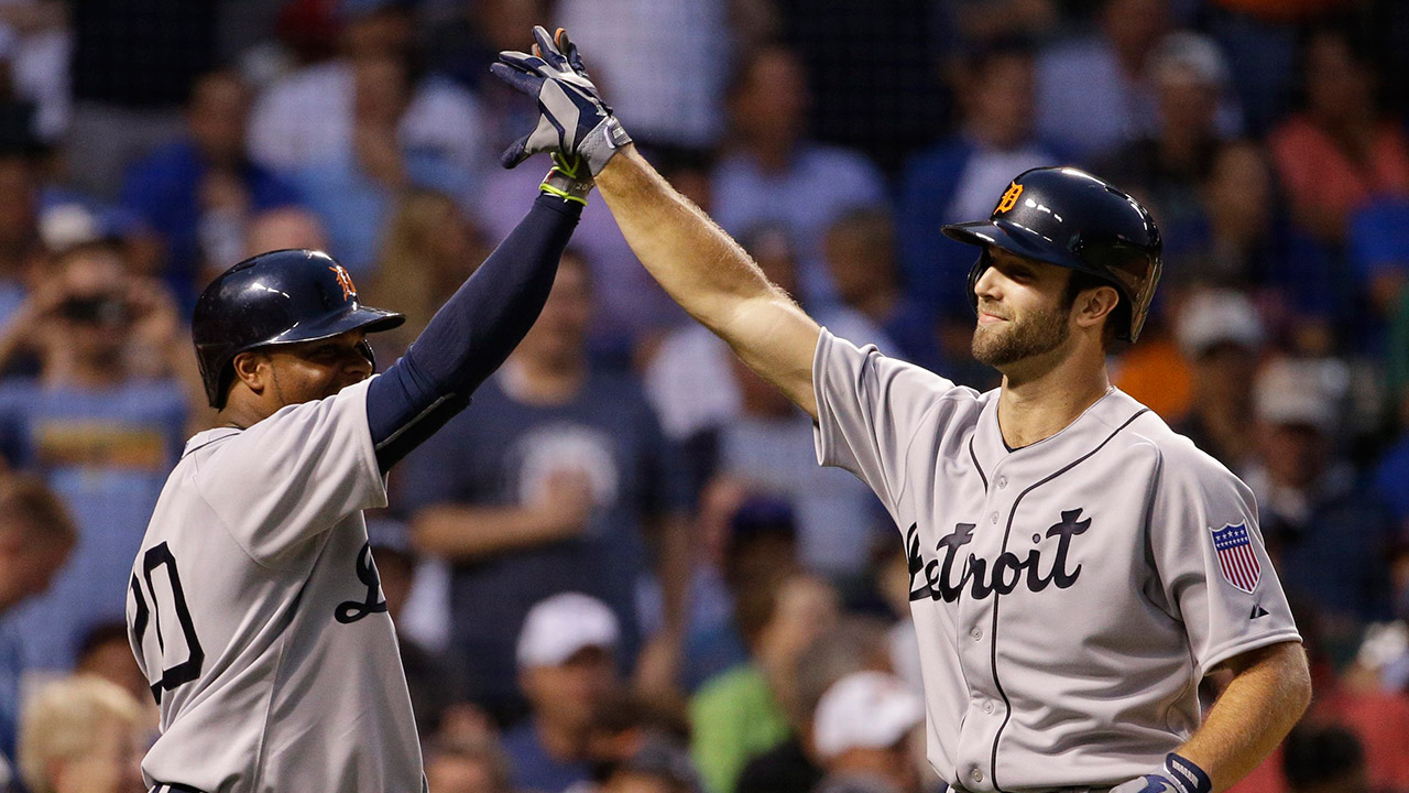 Detroit Tigers' Daniel Norris, right, celebrates with Rajai Davis after hitting a two-run home run against the Chicago Cubs during the second inning of a baseball game Wednesday, Aug. 19, 2015, in Chicago. (Nam Y. Huh/AP)