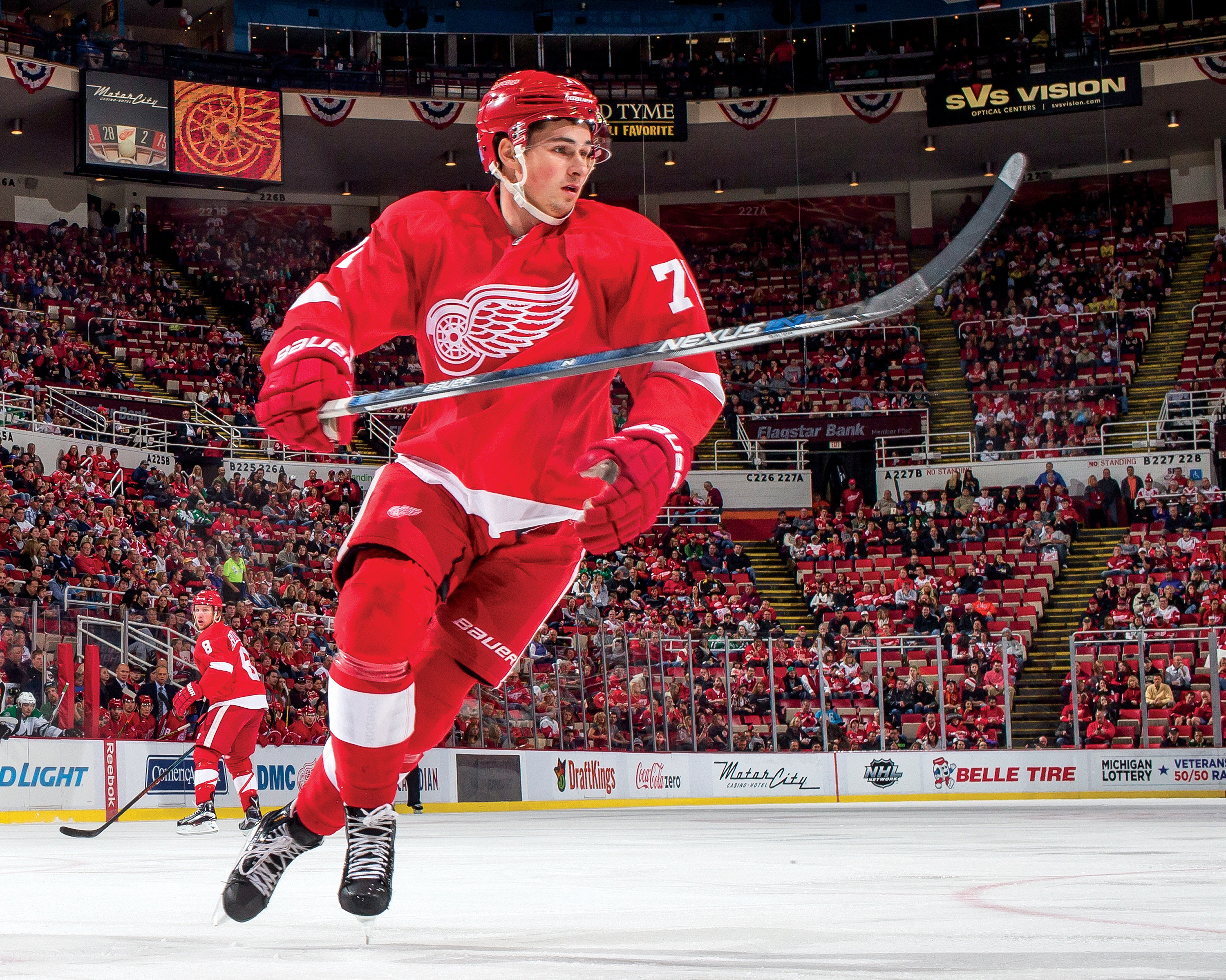 DETROIT, MI - NOVEMBER 08: Dylan Larkin #71 of the Detroit Red Wings follows the play during an NHL game against the Dallas Stars at Joe Louis Arena on November 8, 2015 in Detroit, Michigan. The Stars defeated the Wings 4-1. (Photo by Dave Reginek/NHLI via Getty Images)
