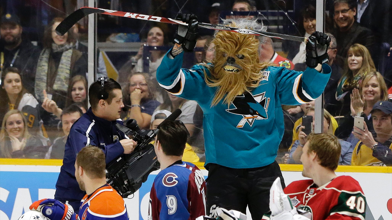 San Jose Sharks defenseman Brent Burns skates back to the bench wearing a Chewbacca mask after competing in the breakaway challenge at the NHL hockey All-Star game skills competition Saturday, Jan. 30, 2016, in Nashville, Tenn. (AP Photo/Mark Humphrey)