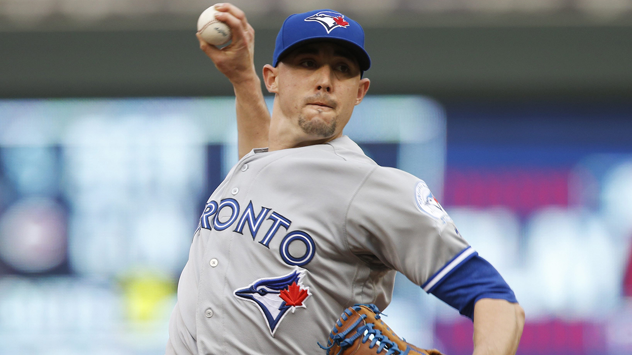 RETRANSMISSION TO CORRECT ID TO AARON SANCHEZ - Toronto Blue Jays starting pitcher Aaron Sanchez throws against the Minnesota Twins in the first inning of a baseball game Friday, May 20, 2016, in Minneapolis. (AP Photo/Jim Mone)