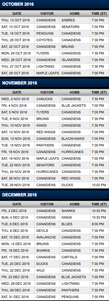 Montreal Canadiens release 2016-17 NHL schedule