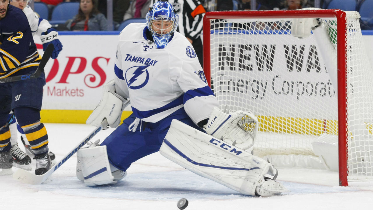 Tampa Bay Lightning goalie Ben Bishop (30) makes a pad-save during the first period of an NHL hockey game against the Buffalo Sabres, Thursday, Nov. 17, 2016, in Buffalo, N.Y. (Jeffrey T. Barnes/AP)
