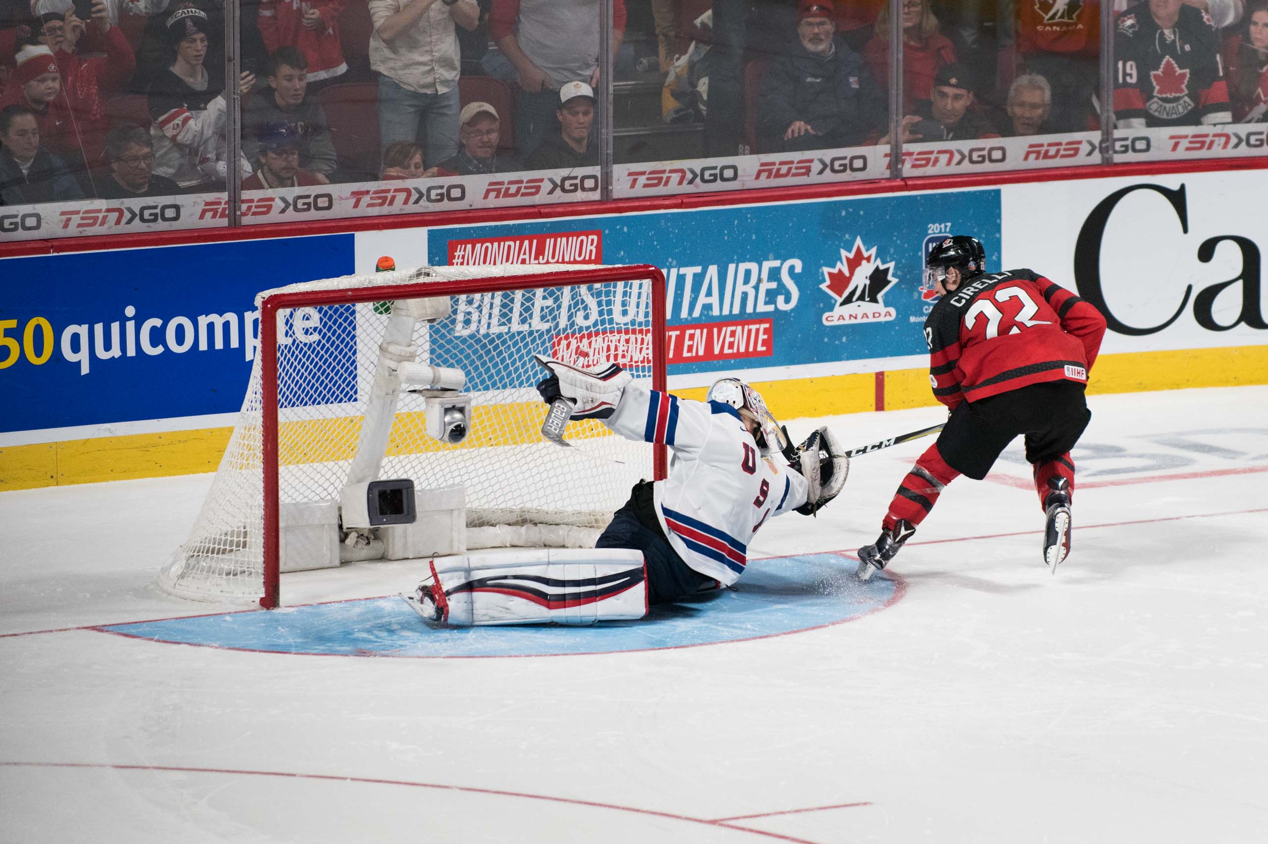 Regulation and overtime didn't settle anything, so the game went to a shootout where American goalie Tyler Parsons was perfect. Here he turns away Anthony Cirelli. (Photo by Julien Grimard) 