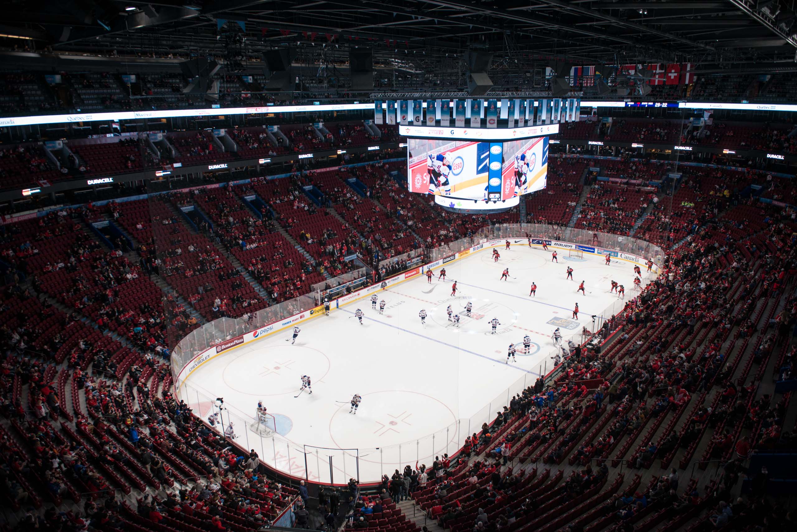 Much was made of the lack of attendance at the WJC in both Toronto and Montreal this year, but the gold medal game nearly packed the Bell Centre. Here, the stands begin to fill out in pre-game warmups. (Photo by Julien Grimard)