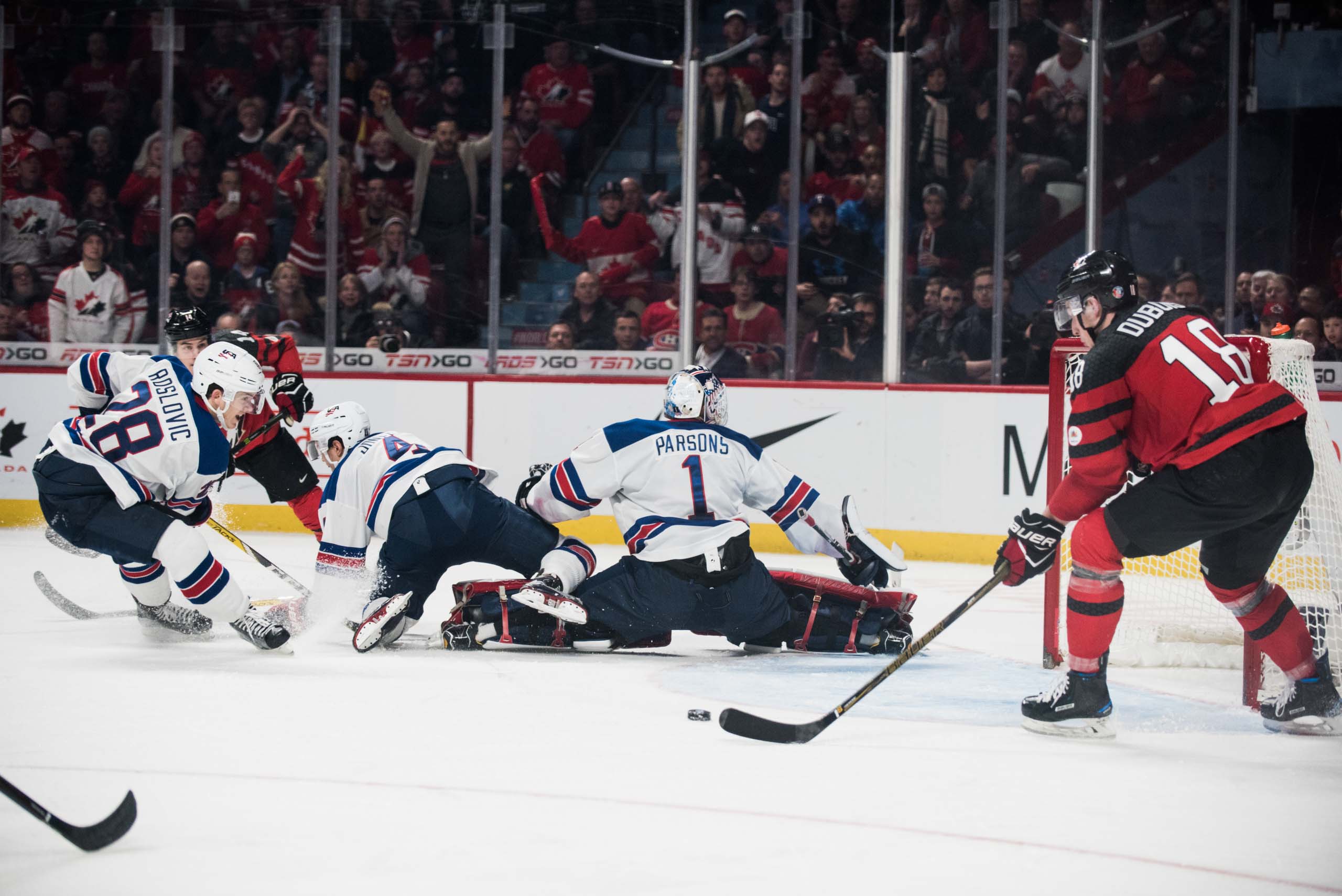 Late in the third period, Canada's Pierre-Luc Dubois had the game on his stick after a terrific pass from Matt Barzal, but he couldn't control it with a wide open net. (Photo by Julien Grimard) 
