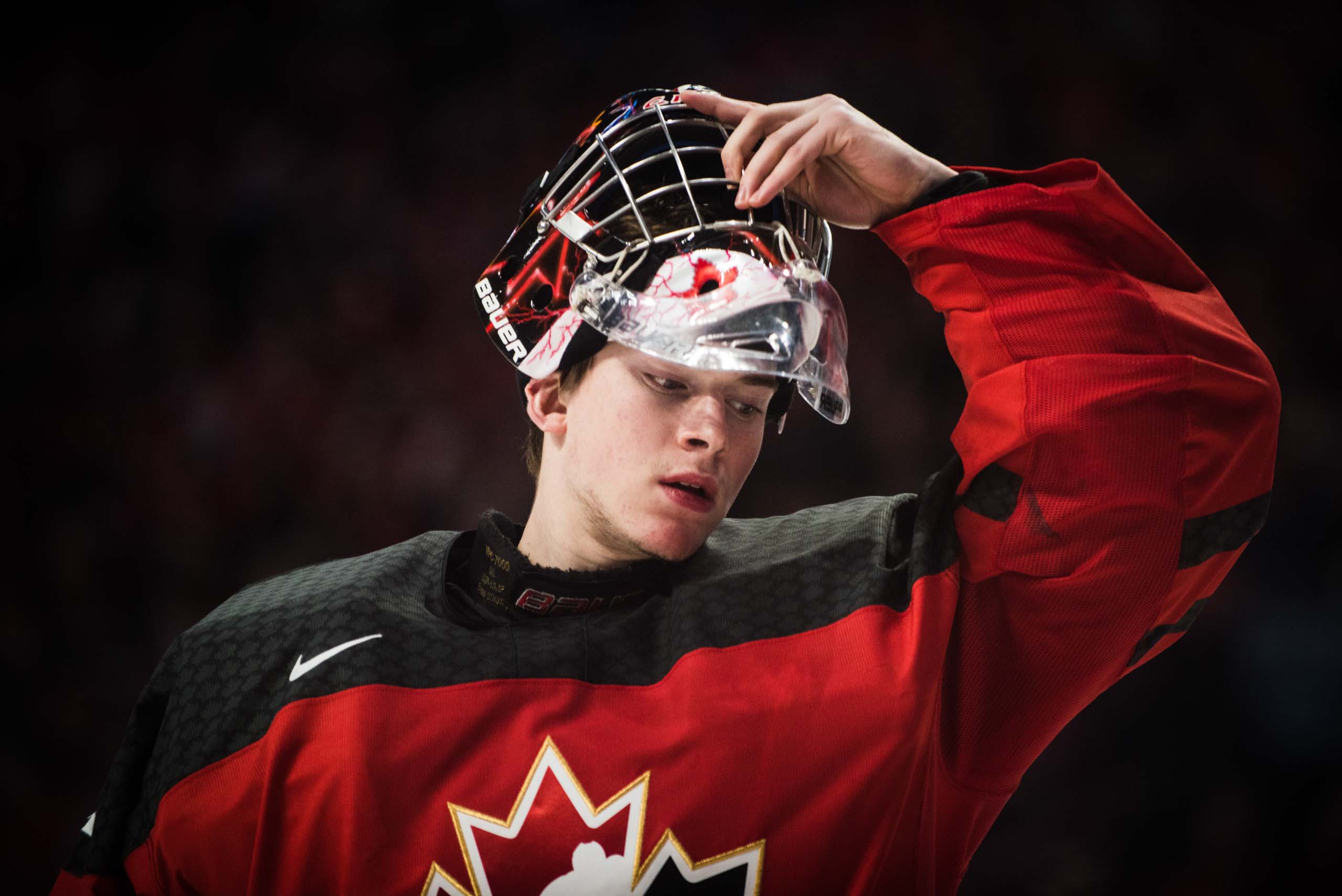 After going back and forth between two goalies most of the tournament, Canada turned to Carter Hart in the gold medal game. He made 31 saves on 35 shots. (Photo by Julien Grimard)