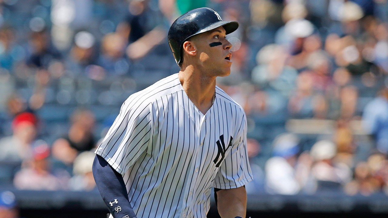 New York Yankees' Aaron Judge watches his two-run home run in the fourth inning of a baseball game against the Toronto Blue Jays in New York, Wednesday, July 5, 2017. (Kathy Willens/AP)