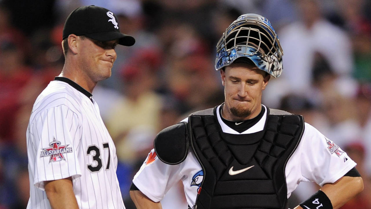 American League pitcher Matt Thornton, of the Chicago White Sox, and catcher John Buck, of the Toronto Blue Jays, react after National League's Brian McCann, of the Atlanta Braves, hit a three-run double during the seventh inning of the All-Star baseball game Tuesday, July 13, 2010, in Anaheim, Calif. (Mark J. Terrill/AP)