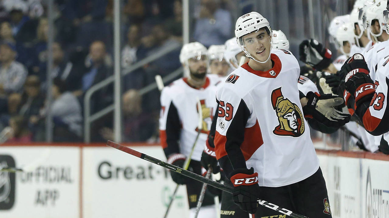 Ottawa Senators' Alex Formenton (59) celebrates his goal against the Winnipeg Jets during second period NHL pre-season game action in Winnipeg on Wednesday, Sept. 27, 2017. (John Woods/CP)