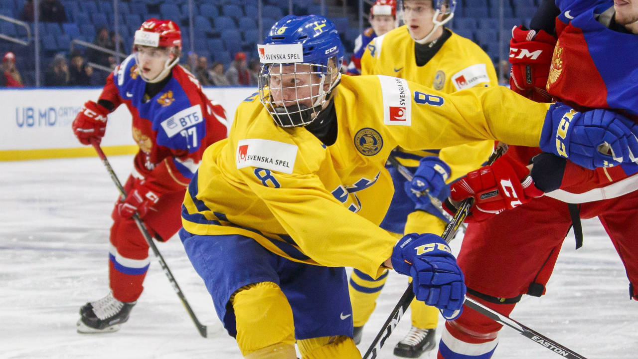 Sweden's Rasmus Dahlin battles with Russia's Dmitri Sokolov, right during first period IIHF World Junior Championship preliminary hockey action in Buffalo, N.Y., Sunday, December 31, 2017. (Mark Blinch/CP)