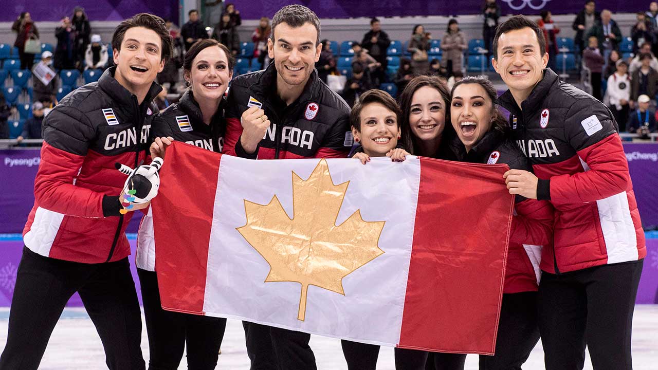 Canada's Scott Moir, left to right, Tessa Virtue, Eric Radford, Meagan Duhamel, Kaetlyn Osmond, Gabrielle Daleman, and Patrick Chan